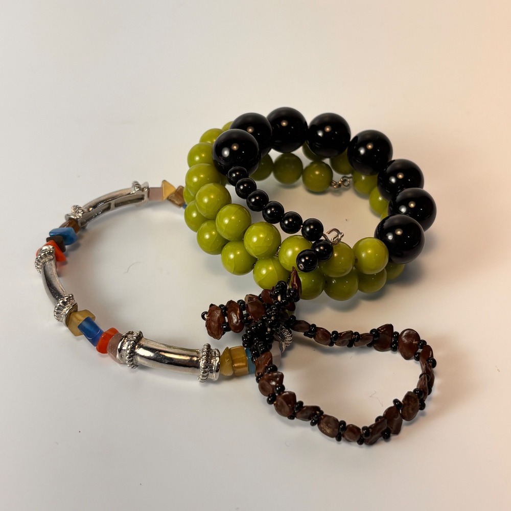 Vintage Bracelet Lot Green Black Brown Silver Y2K Boho Chic Acrylic Stone Seed